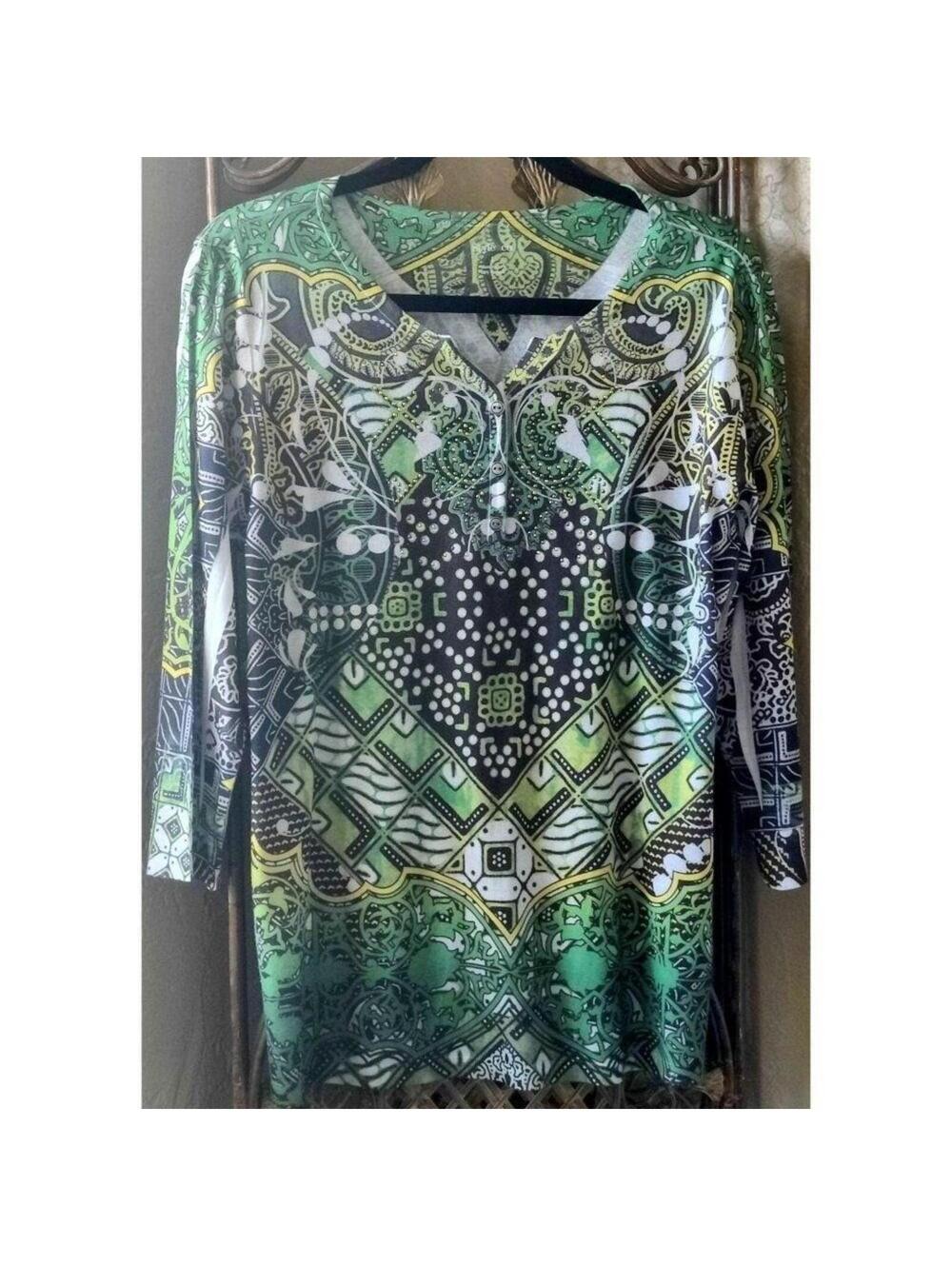 Style & Co Large Women's Multicolor 100% Polyester V-Neck 3/4 Sleeve Casual Top